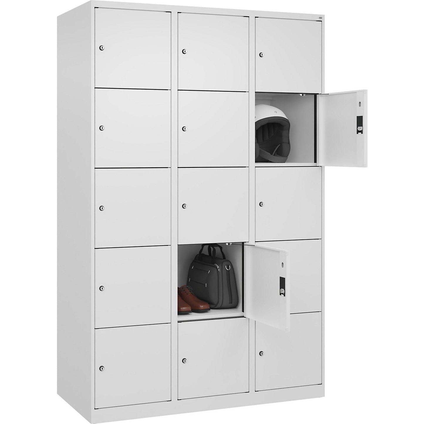 Evolo PLUS 5-fold compartment locker, 3 compartments, white, W 1200 mm, 15 compartments, with floor glides, cylinder lock.