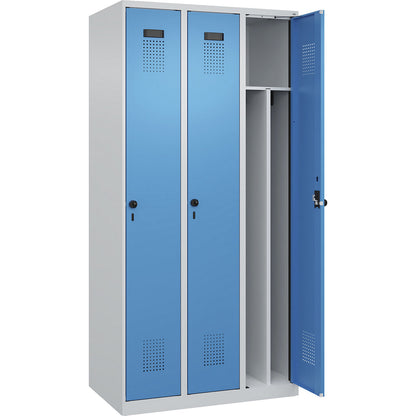 Evolo PLUS clean and dirty clothes locker, narrow, 3 compartments, shortened centre divider, light grey / light blue, W 900 mm, with floor glides, security rotary bolt.