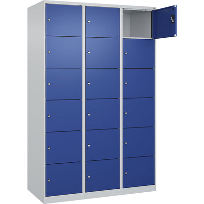 Evolo PLUS 6-fold compartment locker, 3 compartments, light grey / gentian blue, W 1200 mm, 18 compartments, with floor glides, cylinder lock.