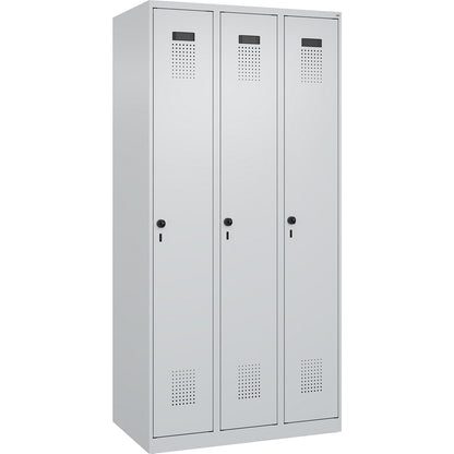 Evolo PLUS clean and dirty clothes locker, narrow, 3 compartments, shortened centre divider, light grey, W 900 mm, with floor glides, security rotary bolt.