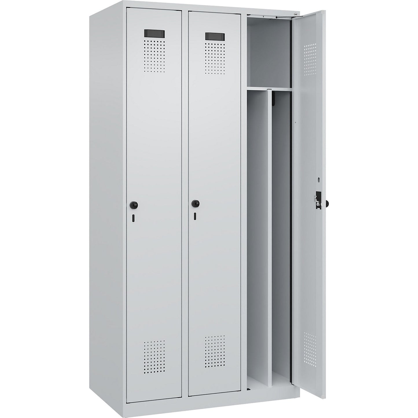 Evolo PLUS clean and dirty clothes locker, narrow, 3 compartments, shortened centre divider, light grey, W 900 mm, with floor glides, security rotary bolt.