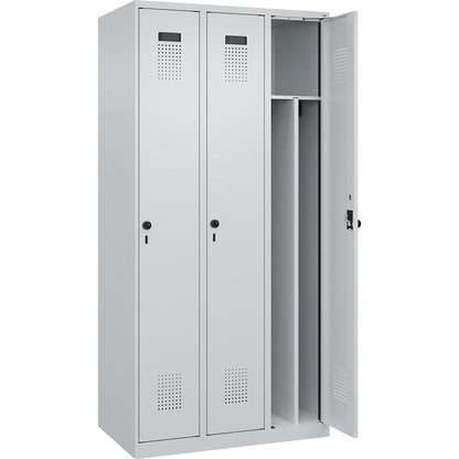 Evolo PLUS clean and dirty clothes locker, narrow, 3 compartments, shortened centre divider, light grey, W 900 mm, with floor glides, security rotary bolt.