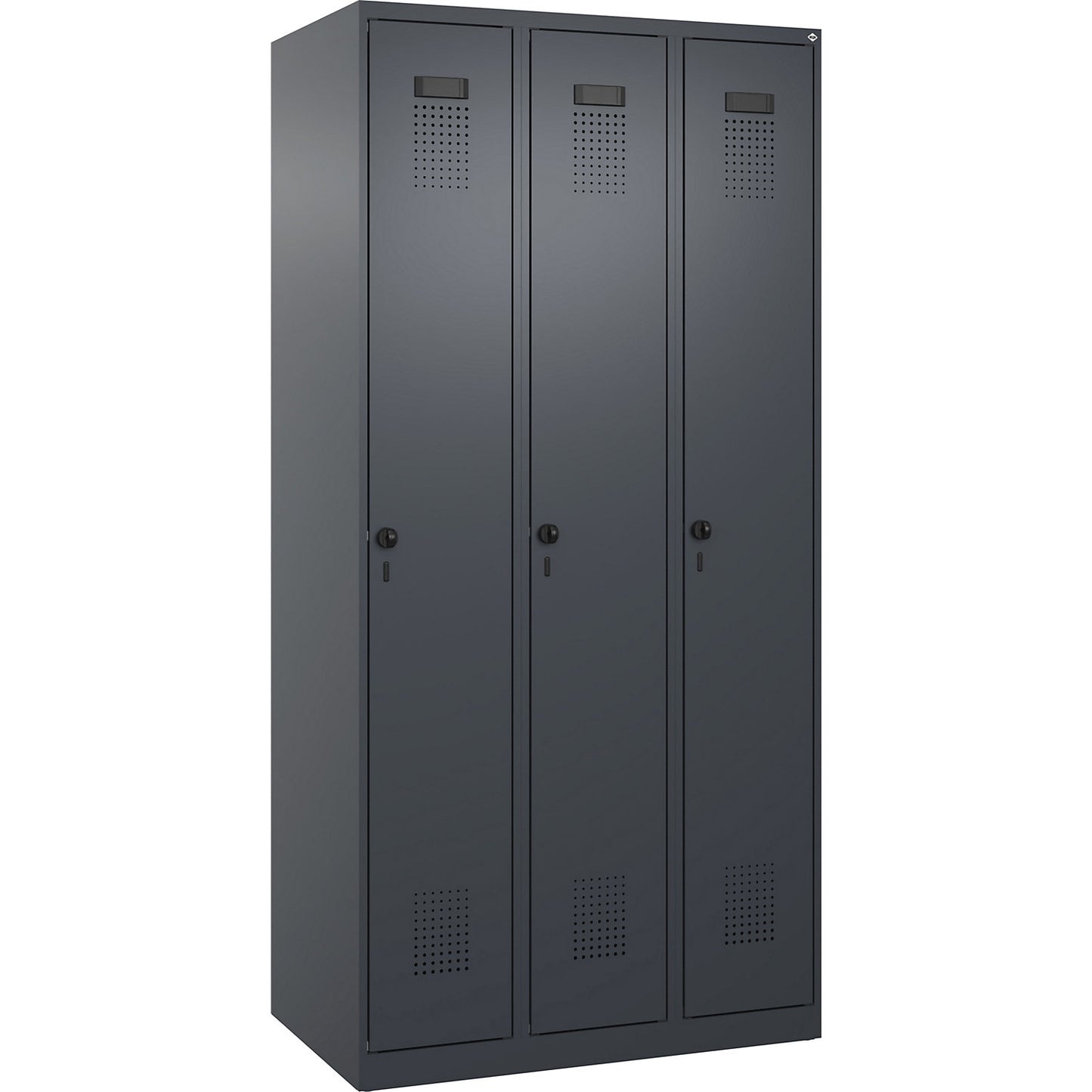 Evolo PLUS clean and dirty clothes locker, narrow, 3 compartments, shortened centre divider, grey, W 900 mm, with floor glides, security rotary bolt.