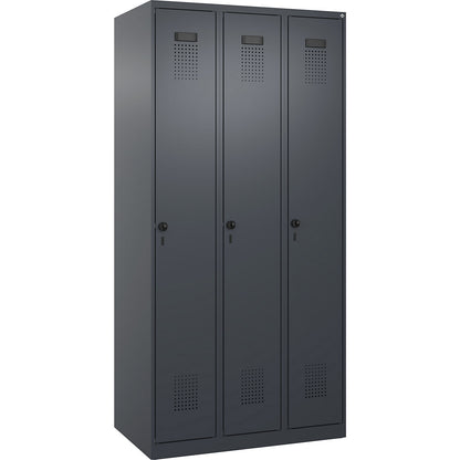 Evolo PLUS clean and dirty clothes locker, narrow, 3 compartments, shortened centre divider, grey, W 900 mm, with floor glides, security rotary bolt.