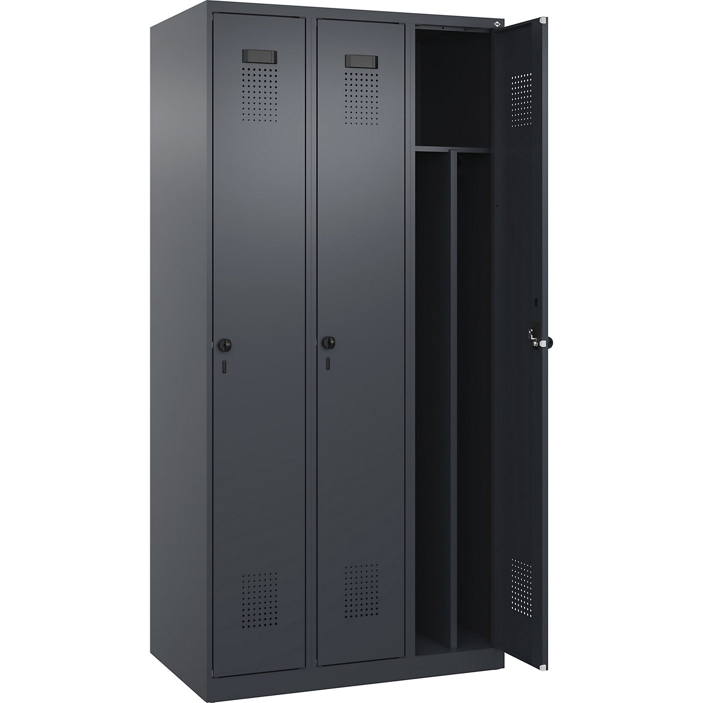 Evolo PLUS clean and dirty clothes locker, narrow, 3 compartments, shortened centre divider, grey, W 900 mm, with floor glides, security rotary bolt.