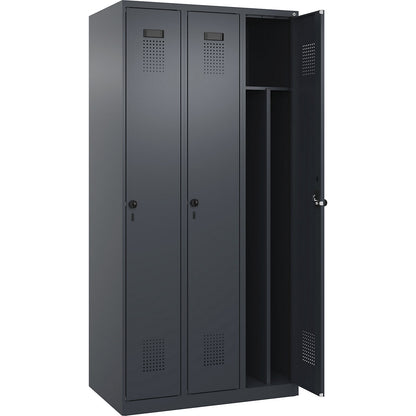 Evolo PLUS clean and dirty clothes locker, narrow, 3 compartments, shortened centre divider, grey, W 900 mm, with floor glides, security rotary bolt.