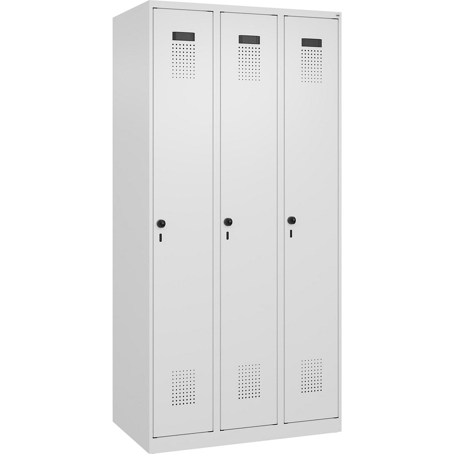 Evolo PLUS clean and dirty clothes locker, narrow, 3 compartments, shortened centre divider, white, W 900 mm, with floor glides, security rotary bolt.