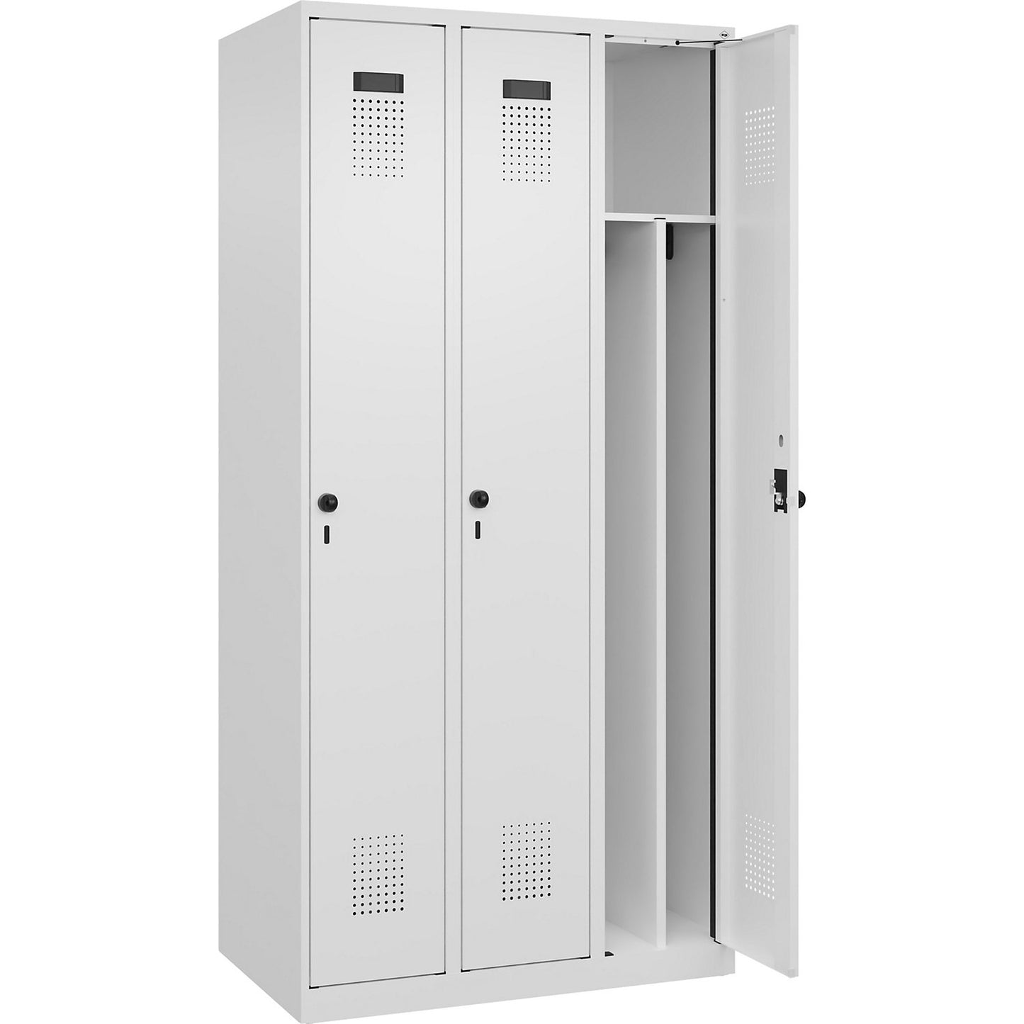 Evolo PLUS clean and dirty clothes locker, narrow, 3 compartments, shortened centre divider, white, W 900 mm, with floor glides, security rotary bolt.