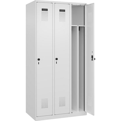 Evolo PLUS clean and dirty clothes locker, narrow, 3 compartments, shortened centre divider, white, W 900 mm, with floor glides, security rotary bolt.