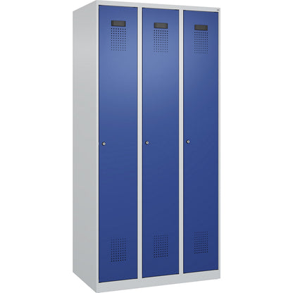 Evolo PLUS clean and dirty clothes locker, narrow, 3 compartments, shortened centre divider, light grey / gentian blue, W 900 mm, with floor glides, cylinder lock.