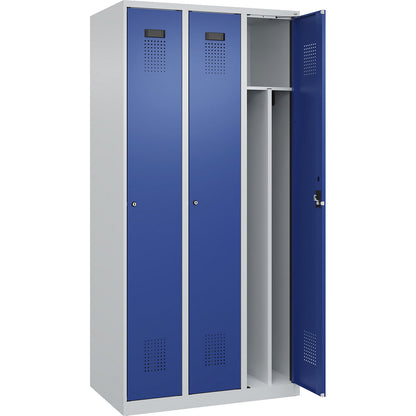 Evolo PLUS clean and dirty clothes locker, narrow, 3 compartments, shortened centre divider, light grey / gentian blue, W 900 mm, with floor glides, cylinder lock.