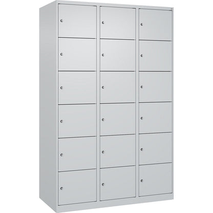 Evolo PLUS 6-fold compartment locker, 3 compartments, light grey, W 1200 mm, 18 compartments, with floor glides, cylinder lock.