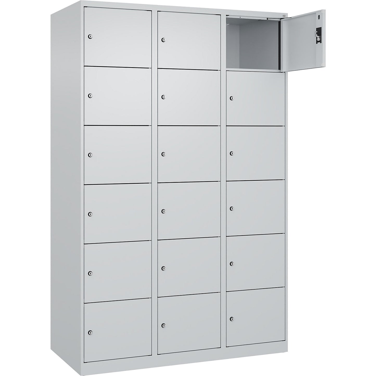Evolo PLUS 6-fold compartment locker, 3 compartments, light grey, W 1200 mm, 18 compartments, with floor glides, cylinder lock.