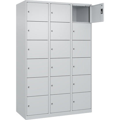 Evolo PLUS 6-fold compartment locker, 3 compartments, light grey, W 1200 mm, 18 compartments, with floor glides, cylinder lock.
