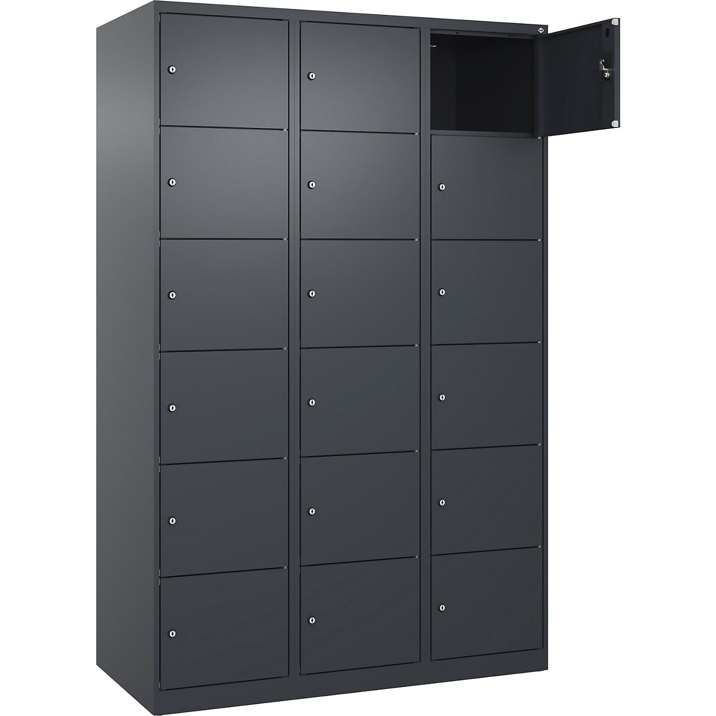 Evolo PLUS 6-fold compartment locker, 3 compartments, grey, W 1200 mm, 18 compartments, with floor glides, cylinder lock.