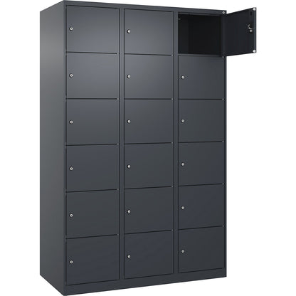 Evolo PLUS 6-fold compartment locker, 3 compartments, grey, W 1200 mm, 18 compartments, with floor glides, cylinder lock.
