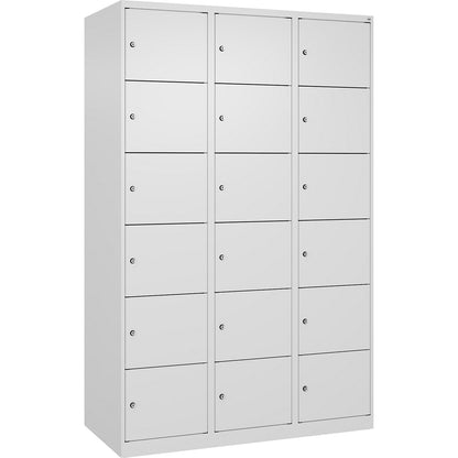 Evolo PLUS 6-fold compartment locker, 3 compartments, white, W 1200 mm, 18 compartments, with floor glides, cylinder lock.
