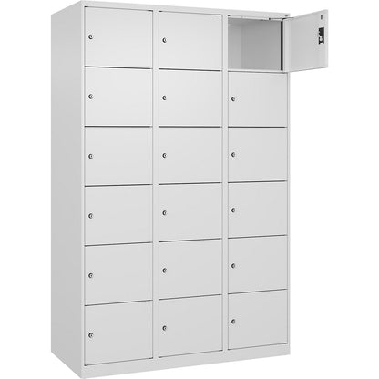 Evolo PLUS 6-fold compartment locker, 3 compartments, white, W 1200 mm, 18 compartments, with floor glides, cylinder lock.