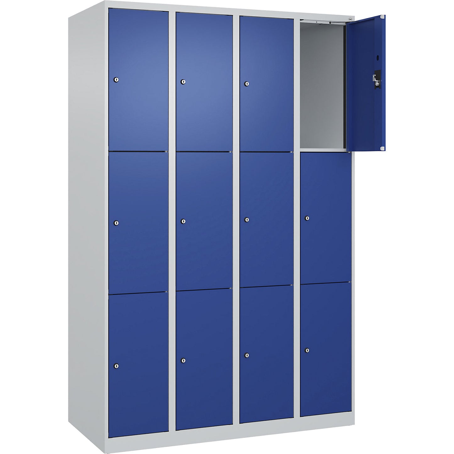 Evolo PLUS 3-fold compartment locker, 4 compartments, light grey / gentian blue, W 1200 mm, 12 compartments, with floor glides, cylinder lock.