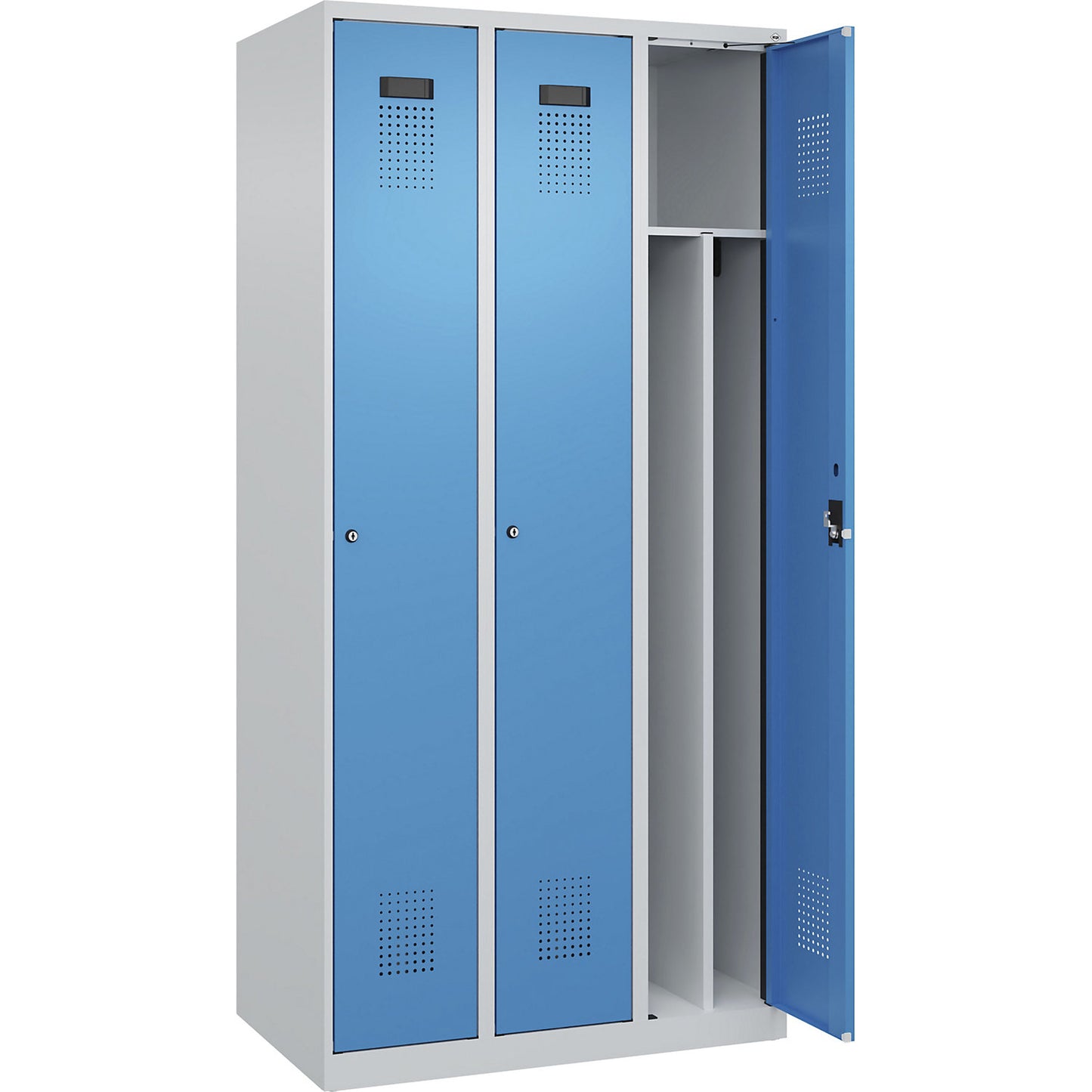 Evolo PLUS clean and dirty clothes locker, narrow, 3 compartments, shortened centre divider, light grey / light blue, W 900 mm, with floor glides, cylinder lock.