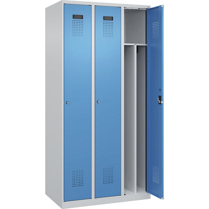 Evolo PLUS clean and dirty clothes locker, narrow, 3 compartments, shortened centre divider, light grey / light blue, W 900 mm, with floor glides, cylinder lock.