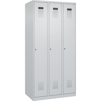 Evolo PLUS clean and dirty clothes locker, narrow, 3 compartments, shortened centre divider, light grey, W 900 mm, with floor glides, cylinder lock.
