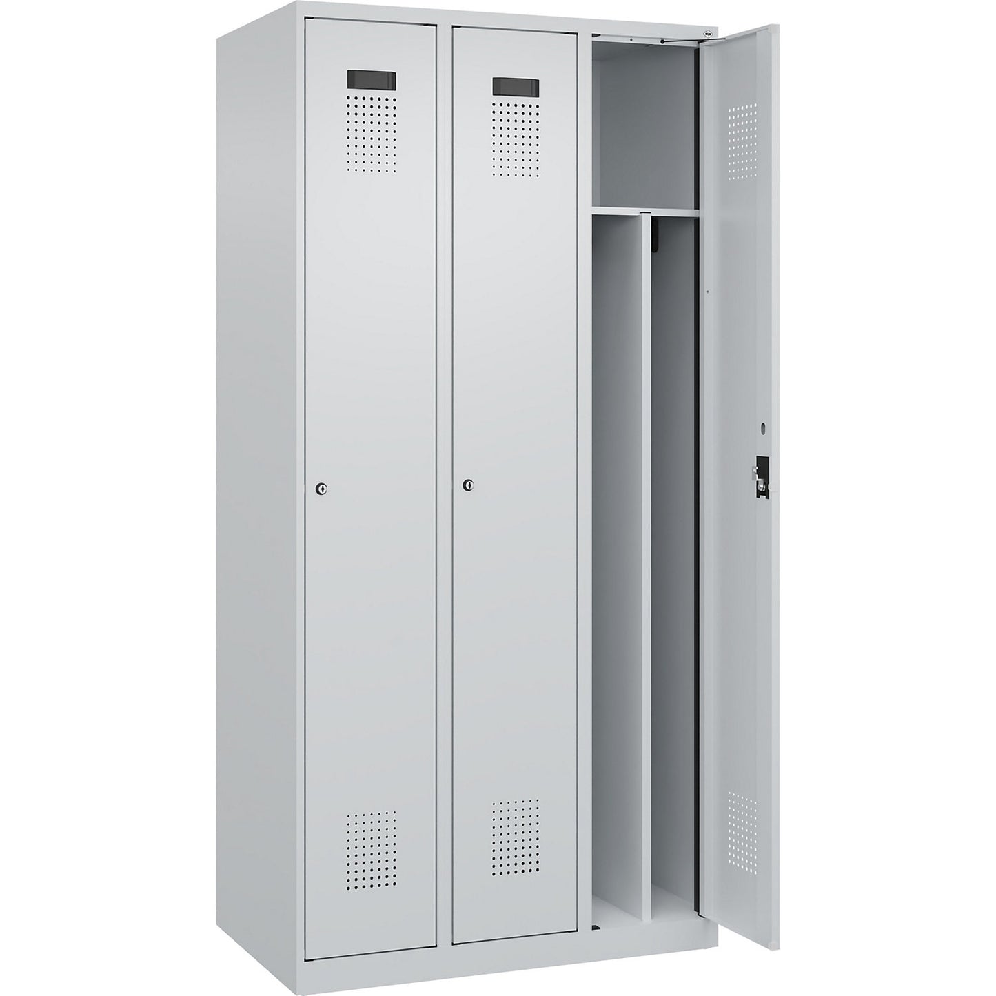 Evolo PLUS clean and dirty clothes locker, narrow, 3 compartments, shortened centre divider, light grey, W 900 mm, with floor glides, cylinder lock.