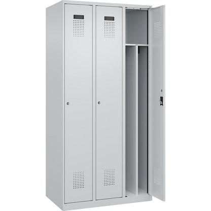 Evolo PLUS clean and dirty clothes locker, narrow, 3 compartments, shortened centre divider, light grey, W 900 mm, with floor glides, cylinder lock.