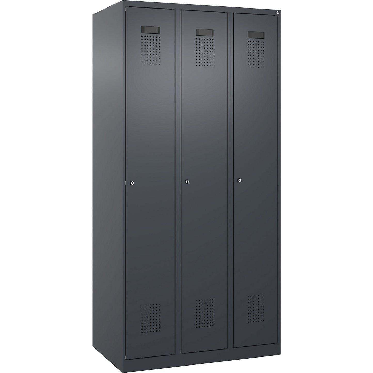 Evolo PLUS clean and dirty clothes locker, narrow, 3 compartments, shortened centre divider, grey, W 900 mm, with floor glides, cylinder lock.