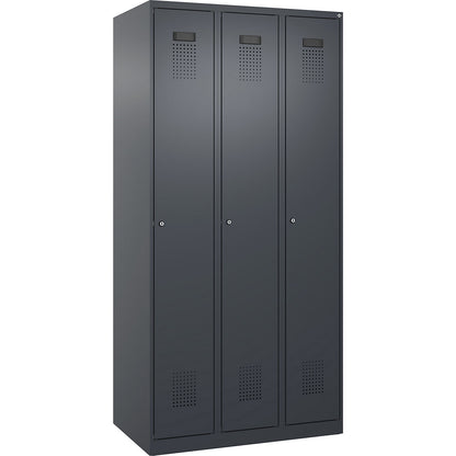 Evolo PLUS clean and dirty clothes locker, narrow, 3 compartments, shortened centre divider, grey, W 900 mm, with floor glides, cylinder lock.
