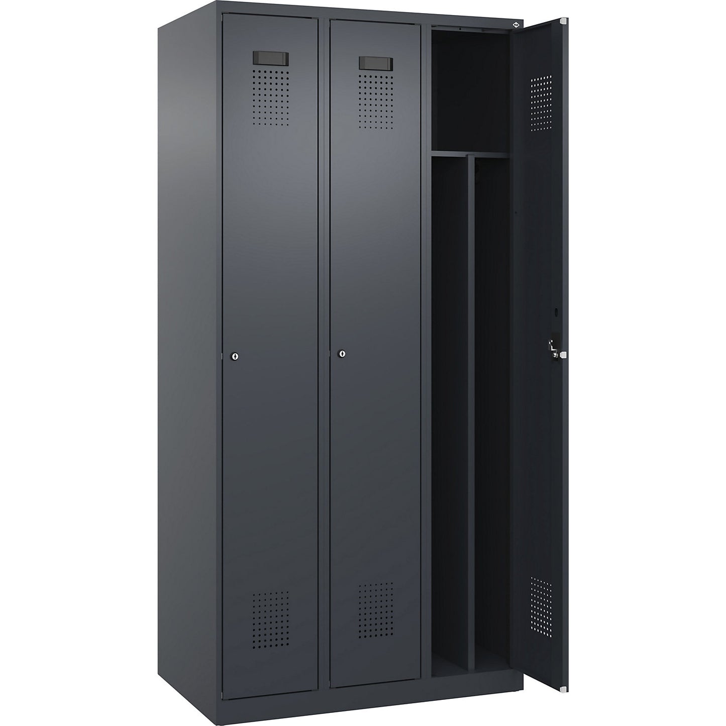Evolo PLUS clean and dirty clothes locker, narrow, 3 compartments, shortened centre divider, grey, W 900 mm, with floor glides, cylinder lock.