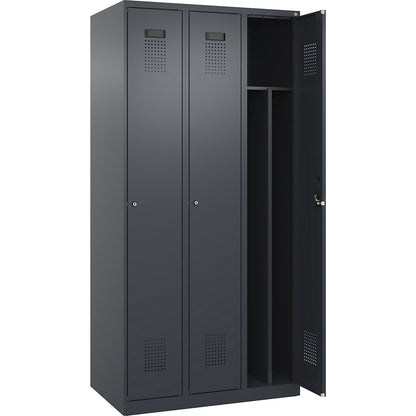 Evolo PLUS clean and dirty clothes locker, narrow, 3 compartments, shortened centre divider, grey, W 900 mm, with floor glides, cylinder lock.