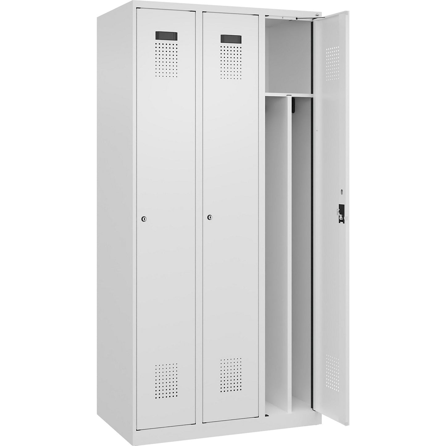 Evolo PLUS clean and dirty clothes locker, narrow, 3 compartments, shortened centre divider, white, W 900 mm, with floor glides, cylinder lock.