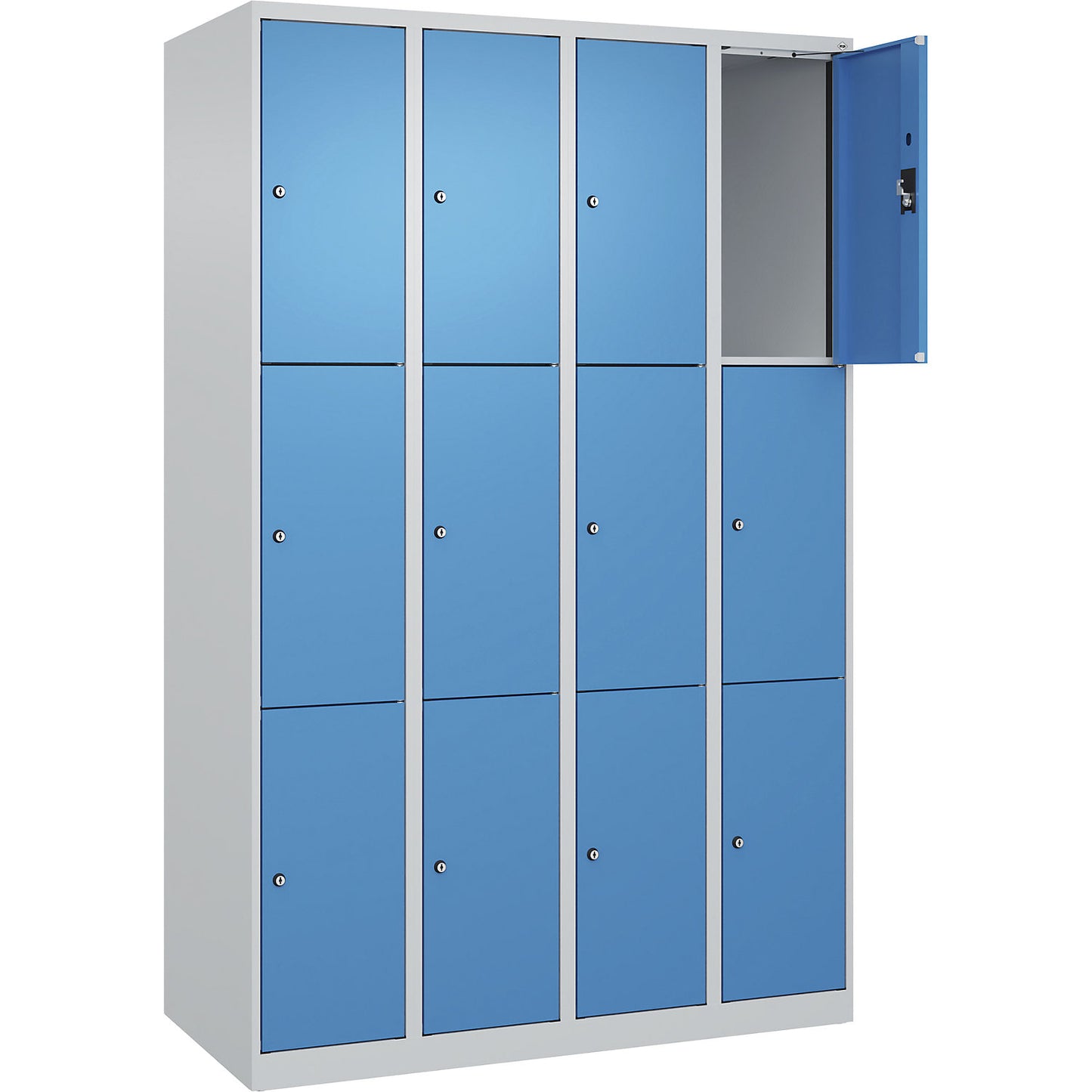 Evolo PLUS 3-fold compartment locker, 4 compartments, light grey / light blue, W 1200 mm, 12 compartments, with floor glides, cylinder lock.