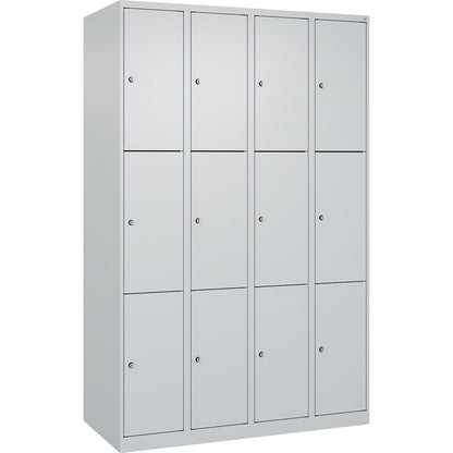 Evolo PLUS 3-fold compartment locker, 4 compartments, light grey, W 1200 mm, 12 compartments, with floor glides, cylinder lock.