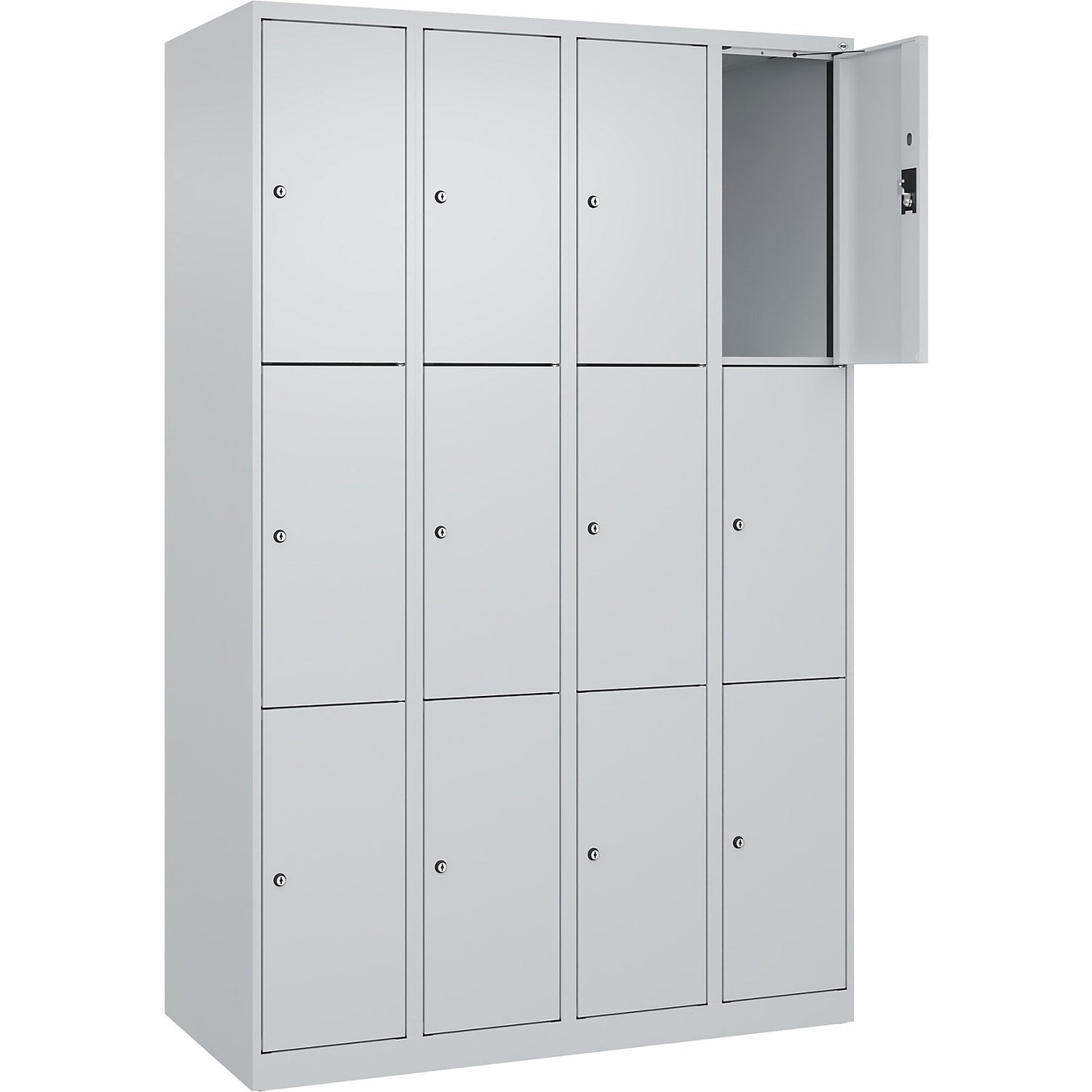 Evolo PLUS 3-fold compartment locker, 4 compartments, light grey, W 1200 mm, 12 compartments, with floor glides, cylinder lock.