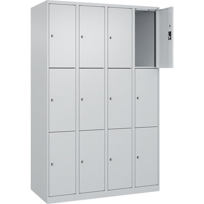 Evolo PLUS 3-fold compartment locker, 4 compartments, light grey, W 1200 mm, 12 compartments, with floor glides, cylinder lock.