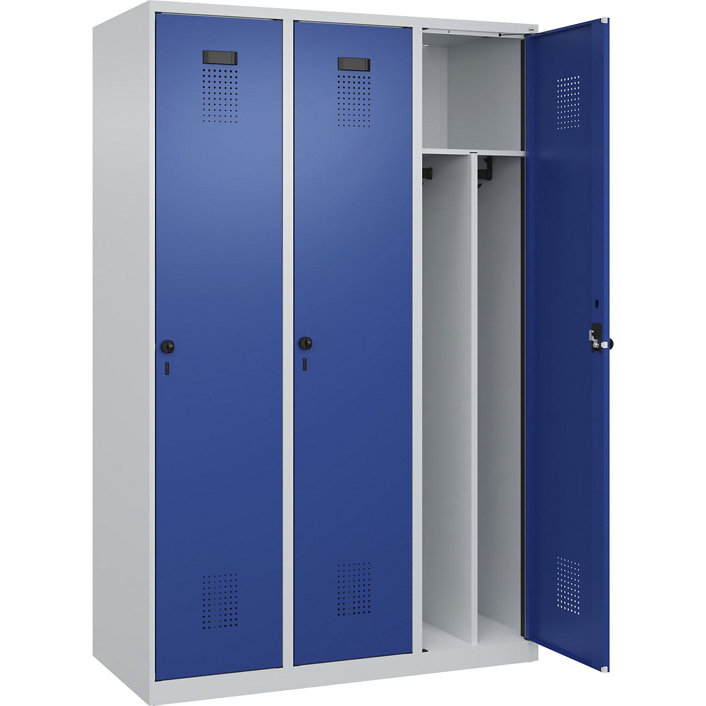 Evolo PLUS clean and dirty clothes locker, narrow, 3 compartments, shortened centre divider, light grey / gentian blue, W 1200 mm, with floor glides, security rotary bolt.