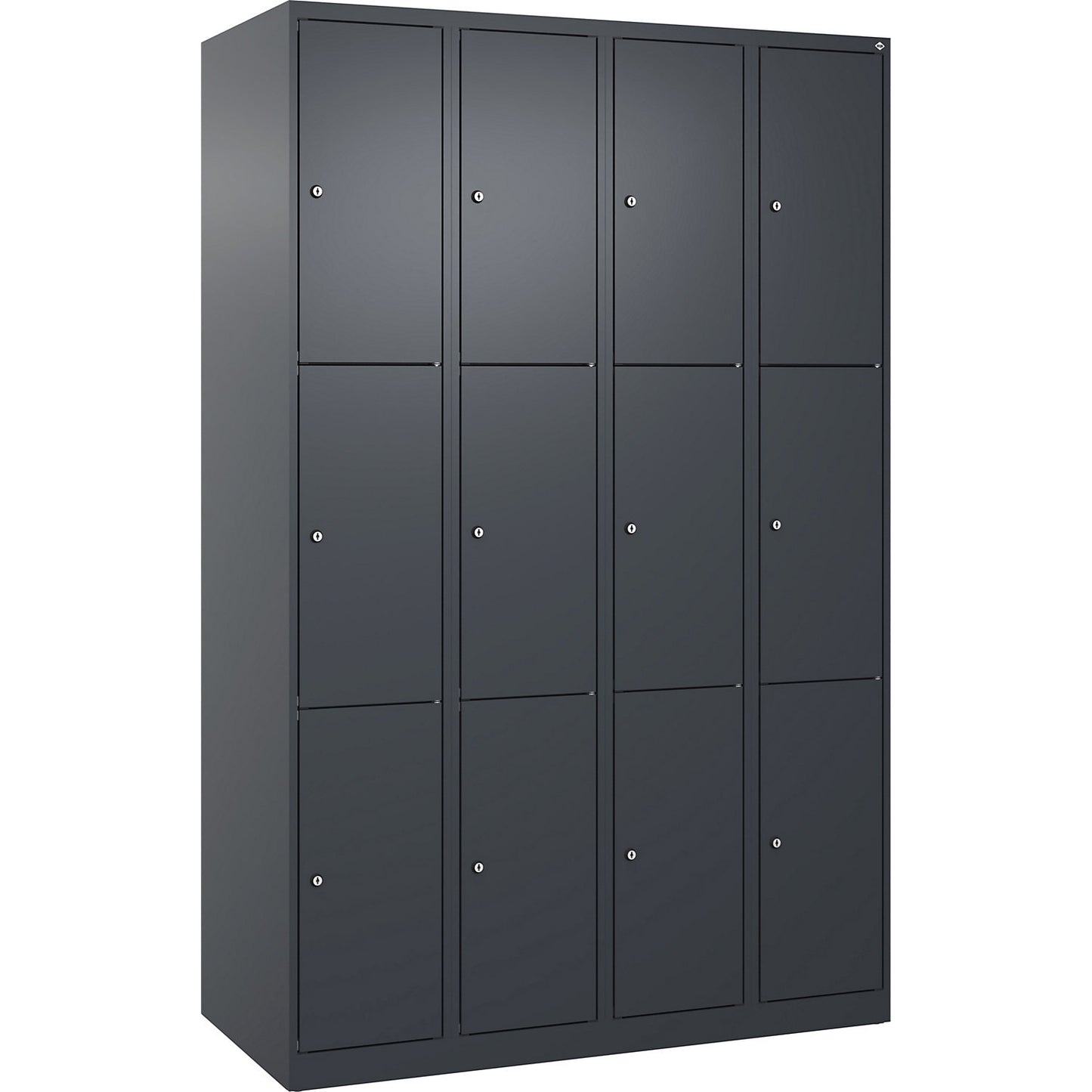 Evolo PLUS 3-fold compartment locker, 4 compartments, grey, W 1200 mm, 12 compartments, with floor glides, cylinder lock.