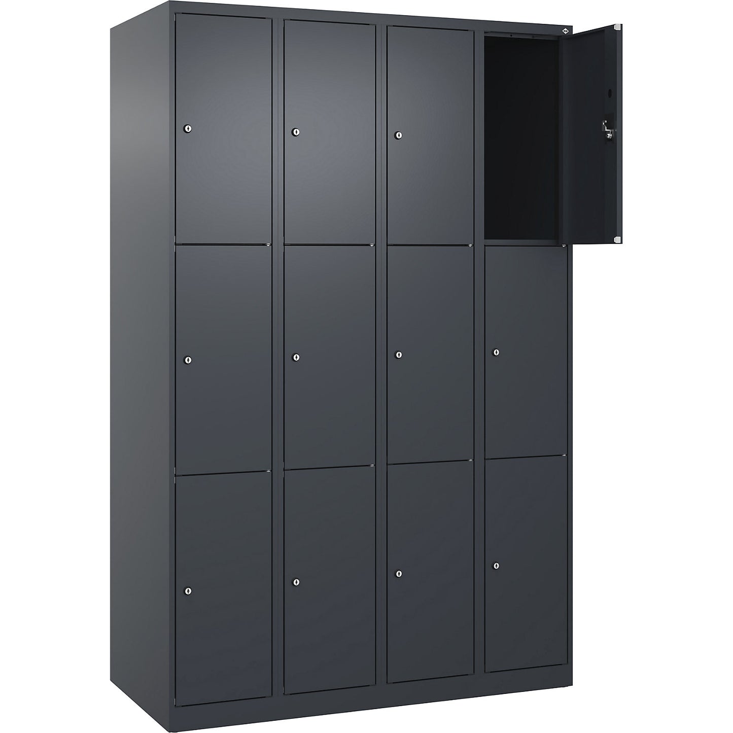 Evolo PLUS 3-fold compartment locker, 4 compartments, grey, W 1200 mm, 12 compartments, with floor glides, cylinder lock.