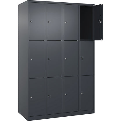 Evolo PLUS 3-fold compartment locker, 4 compartments, grey, W 1200 mm, 12 compartments, with floor glides, cylinder lock.