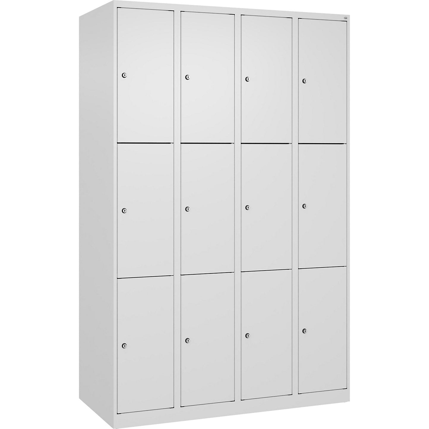 Evolo PLUS 3-fold compartment locker, 4 compartments, white, W 1200 mm, 12 compartments, with floor glides, cylinder lock.