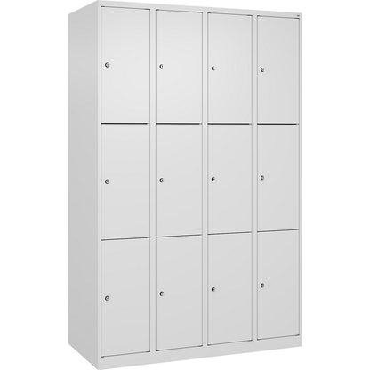 Evolo PLUS 3-fold compartment locker, 4 compartments, white, W 1200 mm, 12 compartments, with floor glides, cylinder lock.
