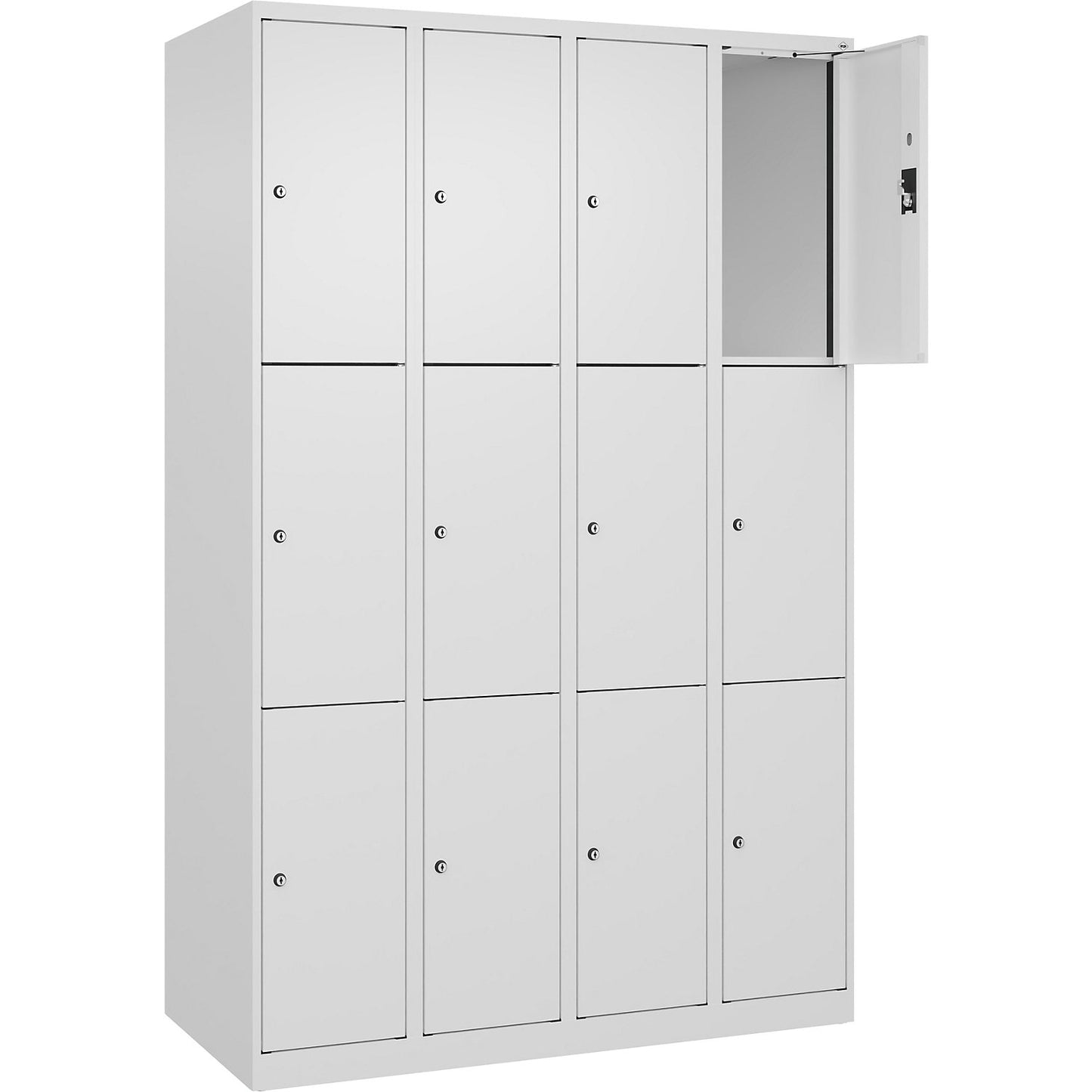 Evolo PLUS 3-fold compartment locker, 4 compartments, white, W 1200 mm, 12 compartments, with floor glides, cylinder lock.