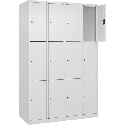 Evolo PLUS 3-fold compartment locker, 4 compartments, white, W 1200 mm, 12 compartments, with floor glides, cylinder lock.