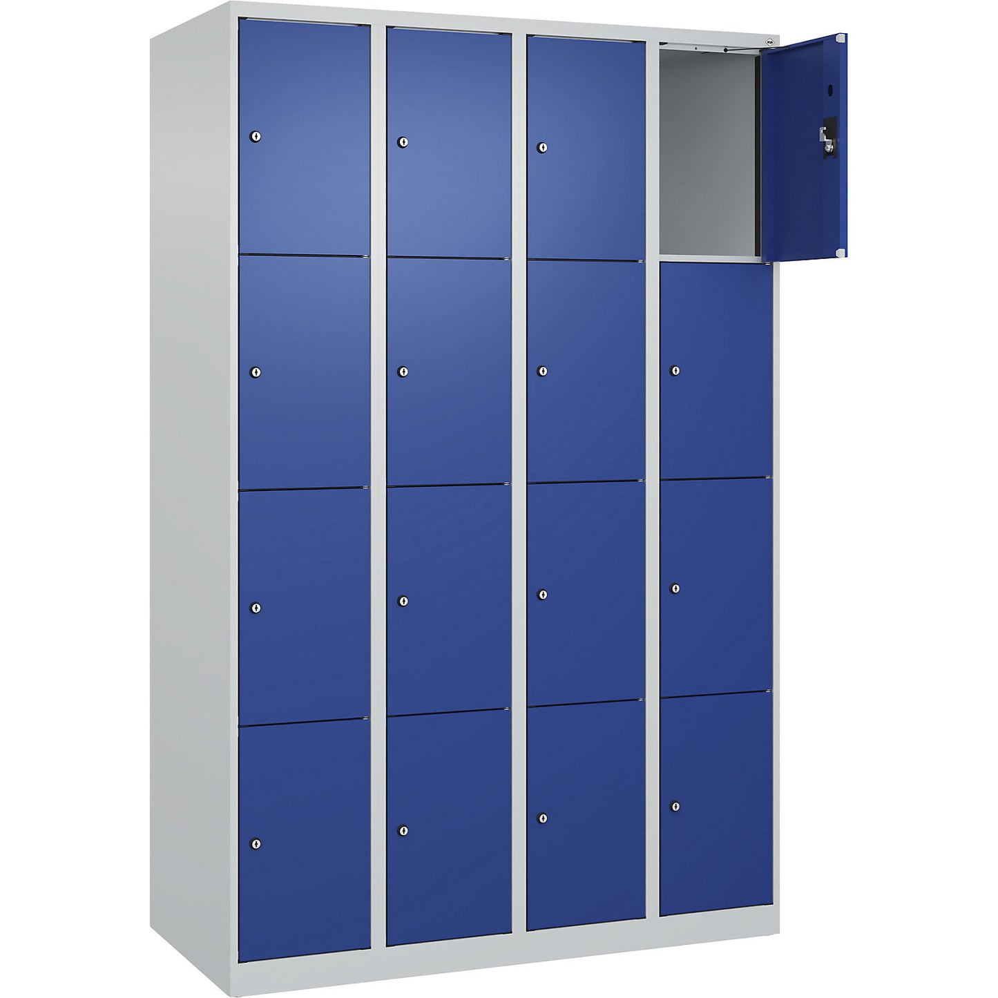 Evolo PLUS 4-fold compartment locker, 4 compartments, light grey / gentian blue, W 1200 mm, 16 compartments, with floor glides, cylinder lock.