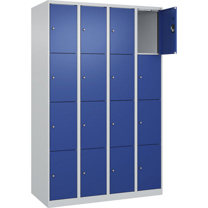 Evolo PLUS 4-fold compartment locker, 4 compartments, light grey / gentian blue, W 1200 mm, 16 compartments, with floor glides, cylinder lock.