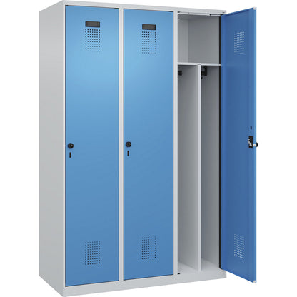Evolo PLUS clean and dirty clothes locker, narrow, 3 compartments, shortened centre divider, light grey / light blue, W 1200 mm, with floor glides, security rotary bolt.
