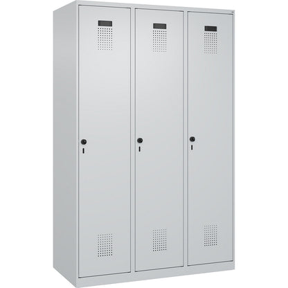 Evolo PLUS clean and dirty clothes locker, narrow, 3 compartments, shortened centre divider, light grey, W 1200 mm, with floor glides, security rotary bolt.