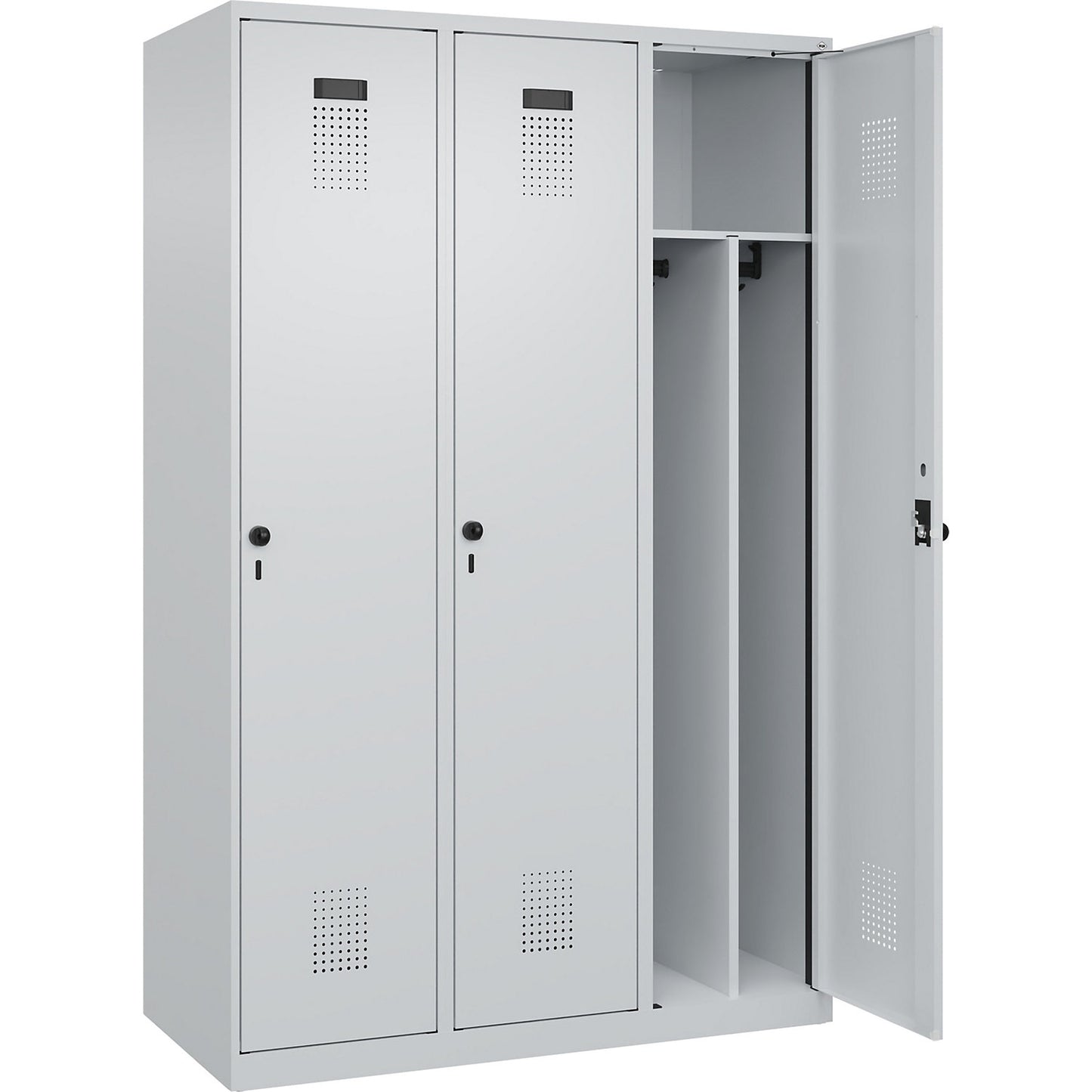 Evolo PLUS clean and dirty clothes locker, narrow, 3 compartments, shortened centre divider, light grey, W 1200 mm, with floor glides, security rotary bolt.